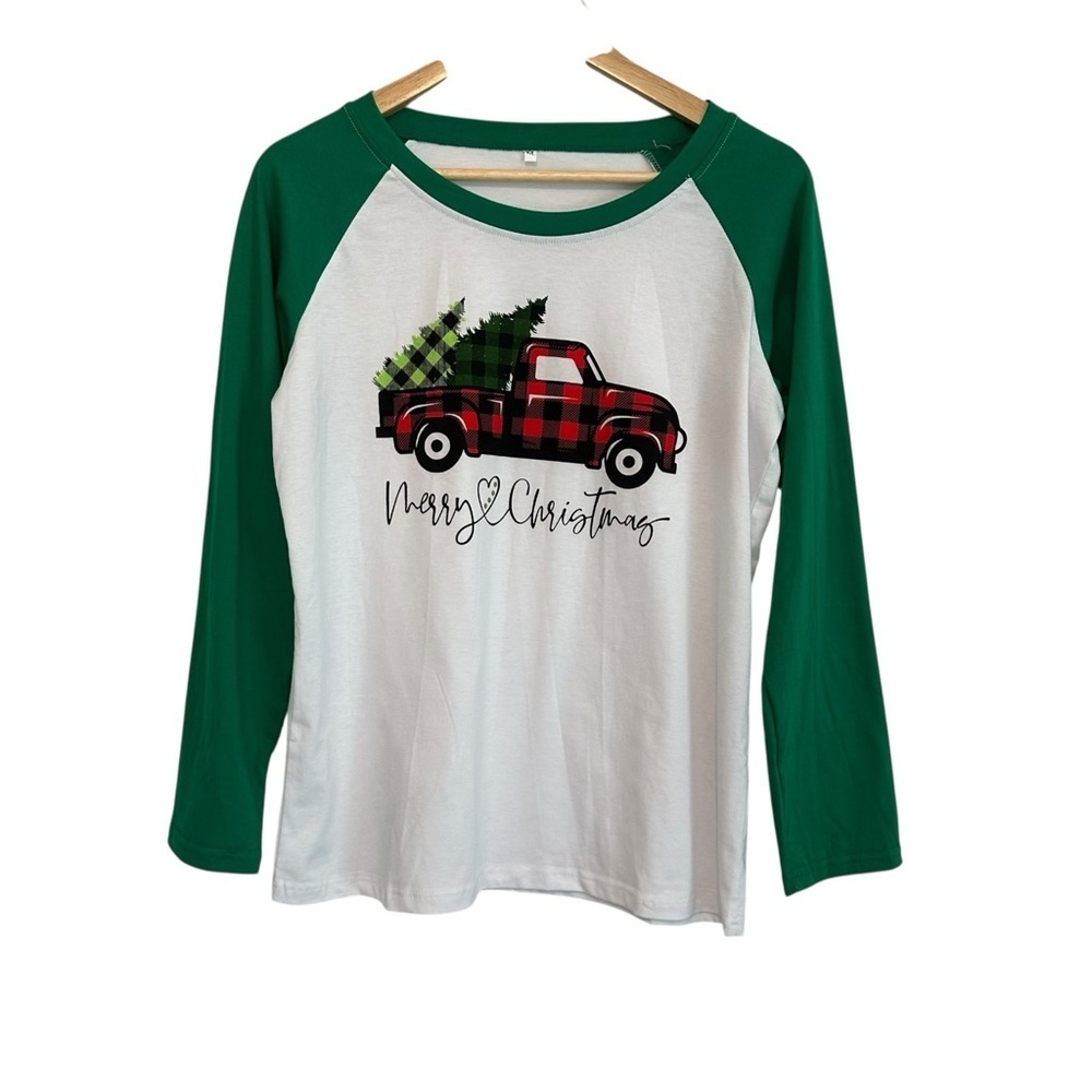 NEW Women's Medium Green Ragland Christmas Tree Truck Festive Holiday T-Shirt